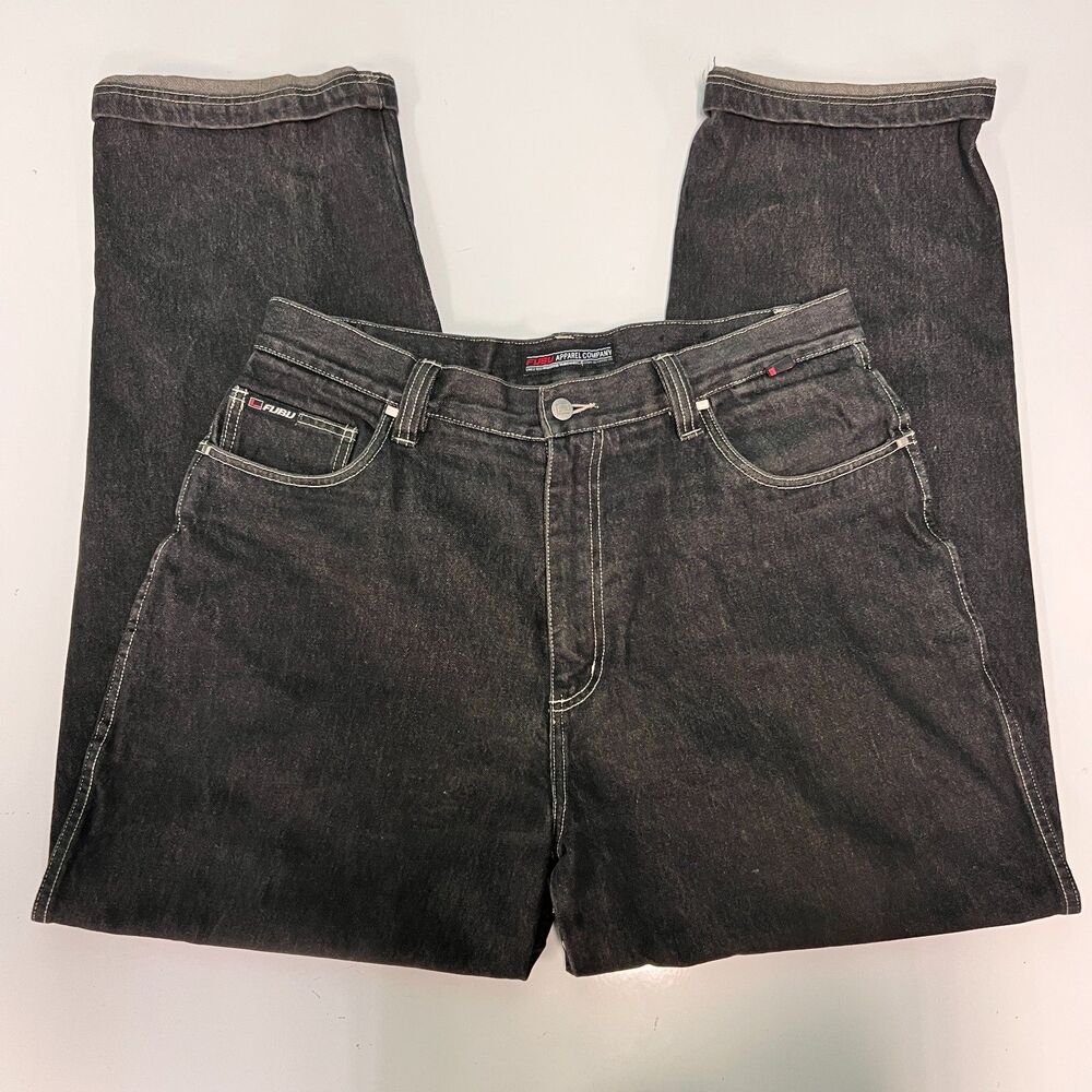 Vintage FUBU Baggy Jeans Mens 36x34 Black Y2K Hip Hop Skater Denim Wide Leg